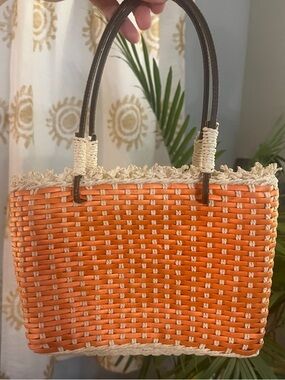 Vintage Orange & Cream Woven Mini Tote with Brown Handles